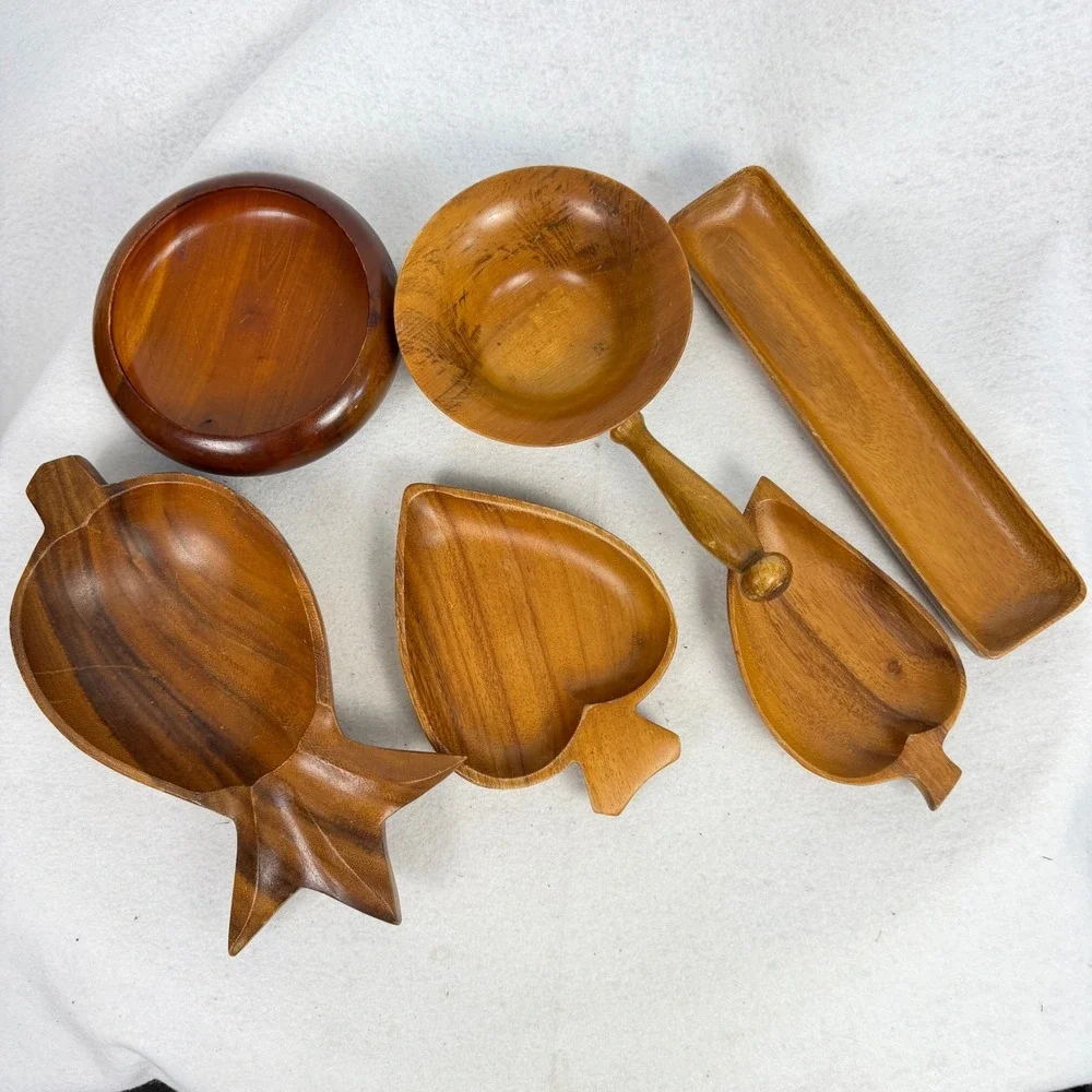 Lot of 6 Vintage Monkey Pod Wood Serving Set Mid-Century Snack Bowl Decorative